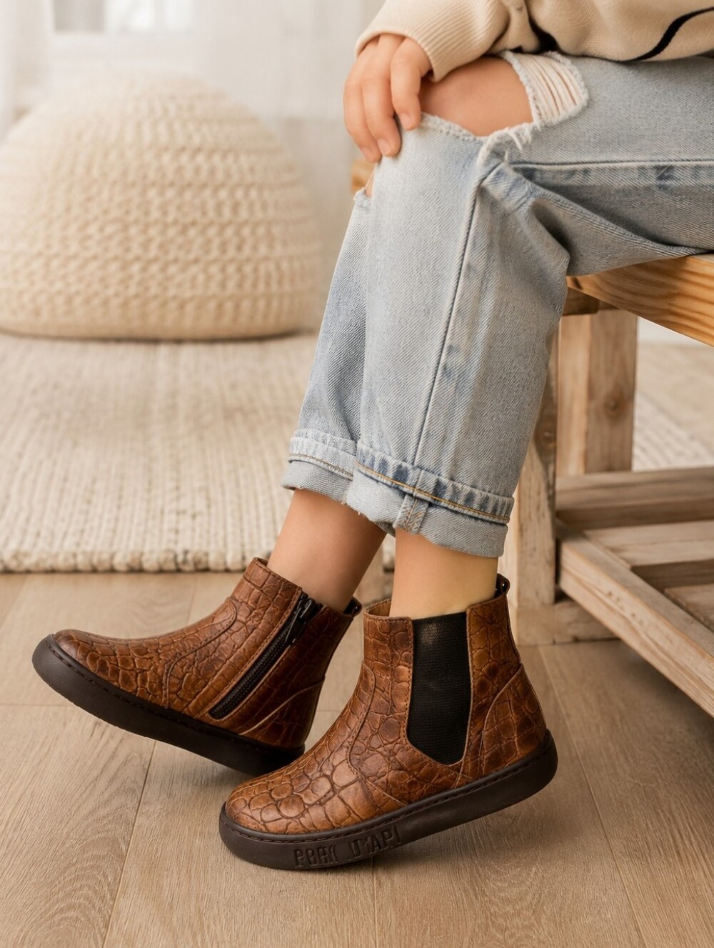 Pom D’Api Kids Size 29 Brown Embossed Leather Ankle Boots